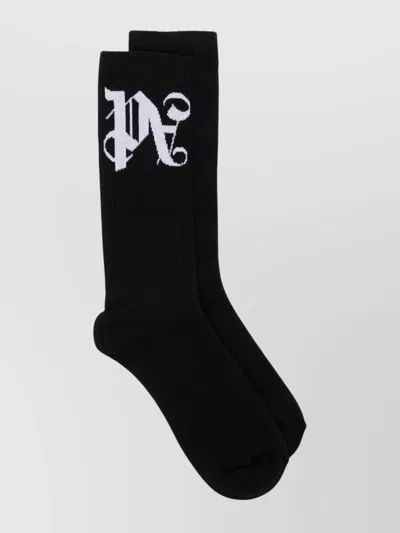 Palm Angels Monogram Jacquard Ankle-length Ribbed Socks In Black