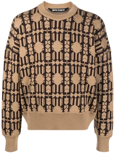 Palm Angels Brown Logo Crew-neck Jumper In Beige