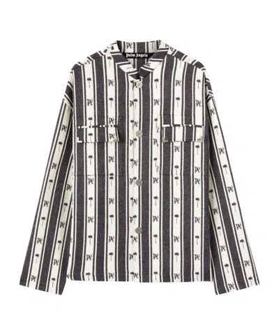 Palm Angels Monogram Jacquard Striped Overshirt In Black