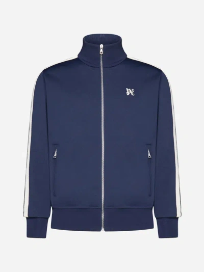 Palm Angels Blue Nylon Zip Sweatshirt With Monogram Pa Embroidery In Navy Blue