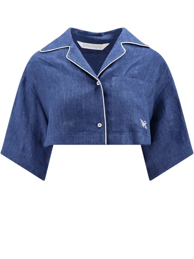 Palm Angels Blue Cropped Shirt With Embroidered Logo