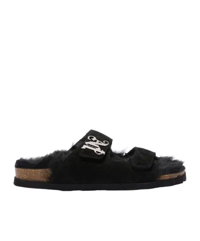 Palm Angels Monogram-plaque Faux-fur Sandals In Black