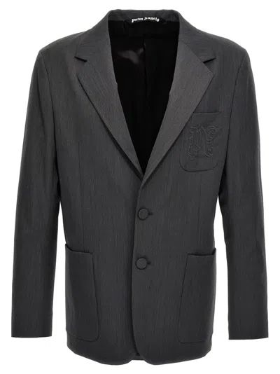 Palm Angels Monogram Pocket Single-breasted Wool Blend Blazer In Gray