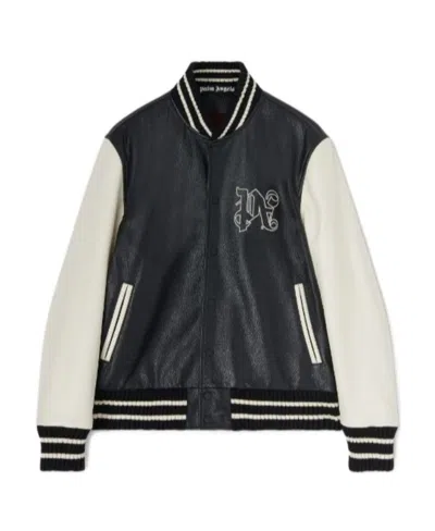 Palm Angels Monogram-print Leather Varsity Jacket In White
