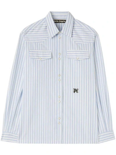 Palm Angels Monogram Striped Cotton Shirt In Blue