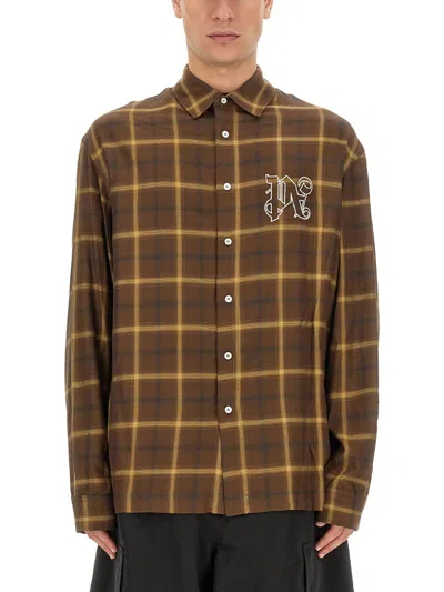 Palm Angels Logo Embroidered Checked Long-sleeved Shirt In Brown
