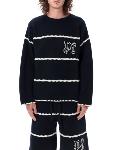PALM ANGELS NAVY AND WHITE KNIT SWEATER WITH PAINT MONOGRAM STRIPES