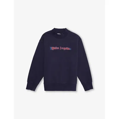 Palm Angels Kids' Navy Blue - Red Brand-print Crewneck Cotton-jersey Sweatshirt 4- In Black