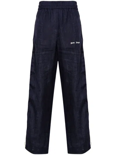 Palm Angels Logo-print Linen Track Pants In Blue