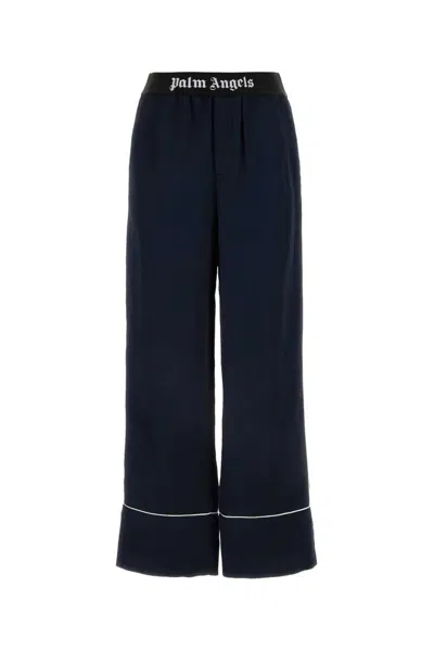 Palm Angels Navy Blue Linen-blend Satin Straight Trousers For Women