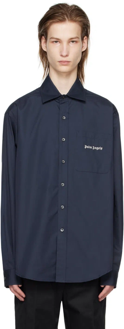 Palm Angels Navy Embroidered Shirt In Navy Blue Off Wh