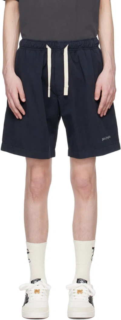 Palm Angels Navy Embroidered Shorts In Navy Blue Off Whit