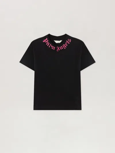 Palm Angels Kids' Neck Logo Brushed T-shirt In Black