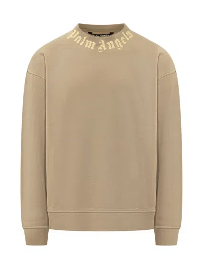 Palm Angels Neck Logo Crewneck Sweatshirt In Kaki-light Yellow