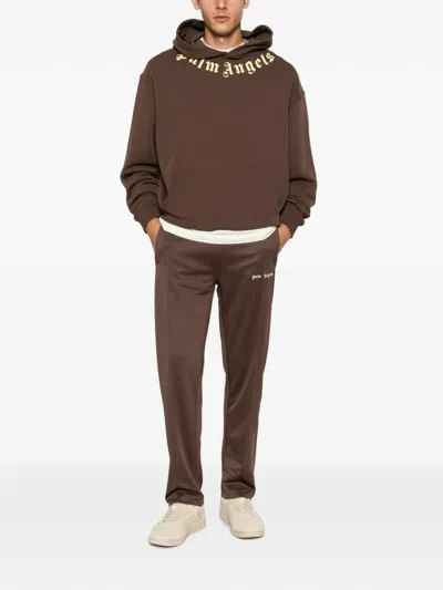 Palm Angels Neck Logo Printed Hoodie In Brown