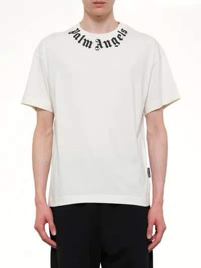 Palm Angels Black Neck Logo Regular Cotton T-shirt In White