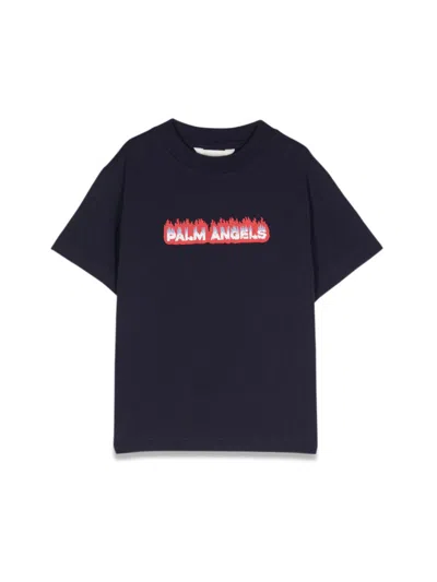 Palm Angels Kids Flames Logo-print Cotton T-shirt In Blue