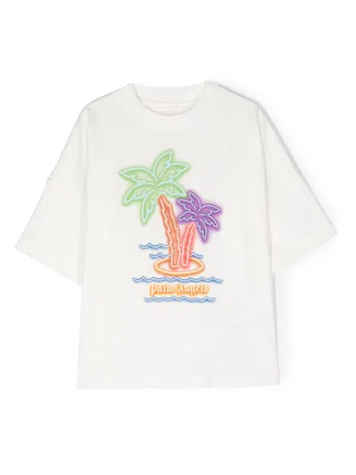 Palm Angels Kids' T-shirt Mit Palmen-print In Off White