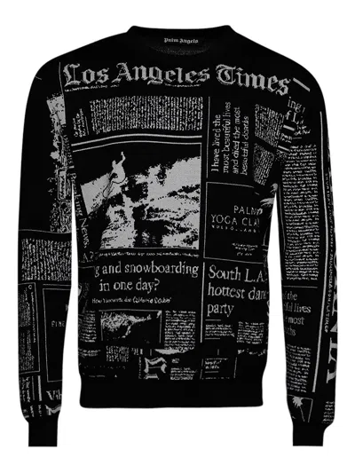 Palm Angels Newspaper-print Crew Neck Sweater In Black