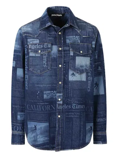 Palm Angels Newspaper-print Denim Shirt In Blue