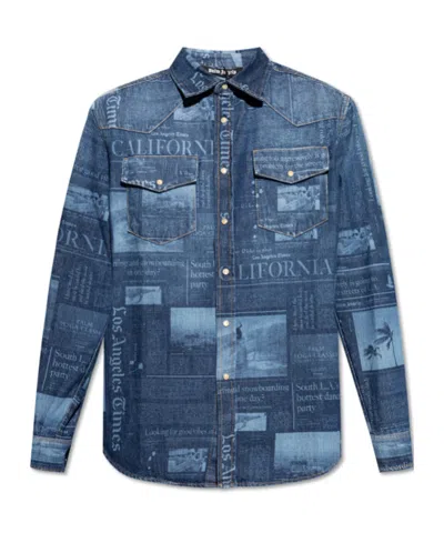 Palm Angels Newspaper-print Denim Shirt In Blue