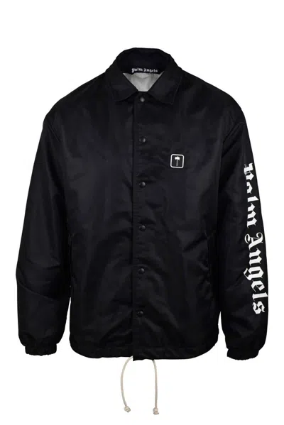 Palm Angels Nylon Windbreaker Jacket With Snap Closure In Black