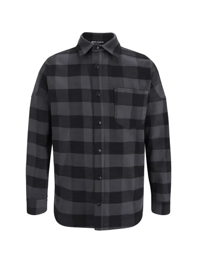 Palm Angels Logo Cotton Overshirt In Grey