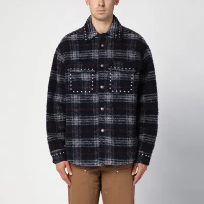 PALM ANGELS OVER SHIRT IN NAVY CHECK WOOL WITH STUDS