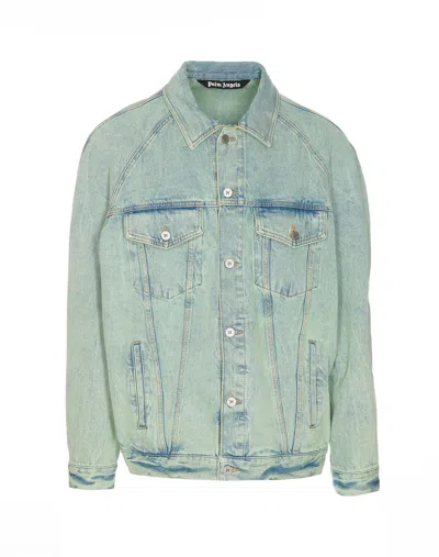 Palm Angels Overdyed Logo Loose Denim Jacket In Green