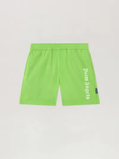 Palm Angels Kids' Overlogo Long Beachwear Short In Green