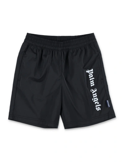 Palm Angels Kids' Overlogo Long Beachwear Short In Black