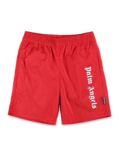 Palm Angels Kids' Overlogo Long Beachwear Short In Red