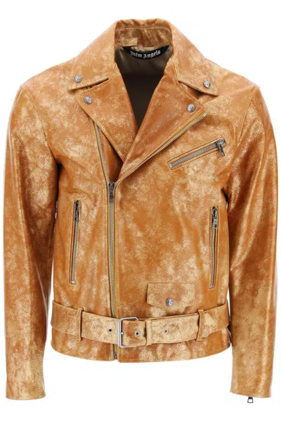 Palm Angels Laminated Leather Biker Jacket In Orange,gold