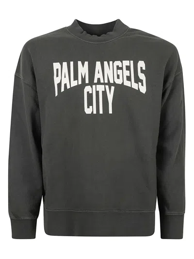 Palm Angels Pa City Washed Crewneck Sweatshirt In Dark Grey/white