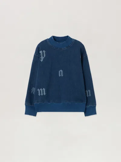 Palm Angels Kids' Pa Letters Washed Sweatcrew In Blue