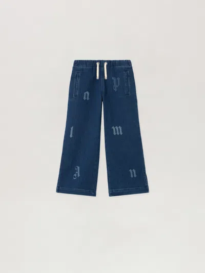 Palm Angels Kids' Pa Letters Washed Wide Pant In Blue