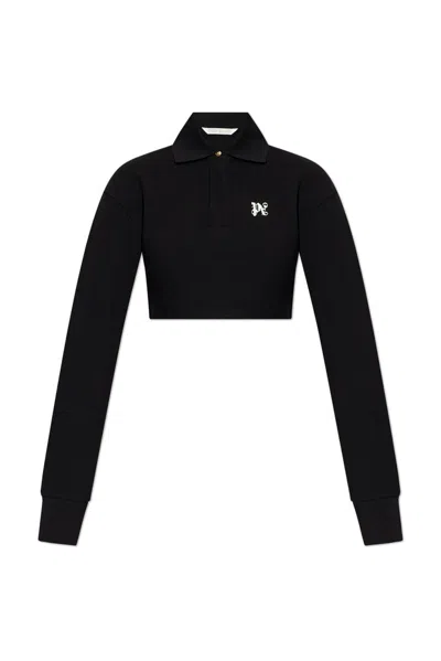 Palm Angels Pa Monogram Embroidered Cropped Polo Shirt In Black