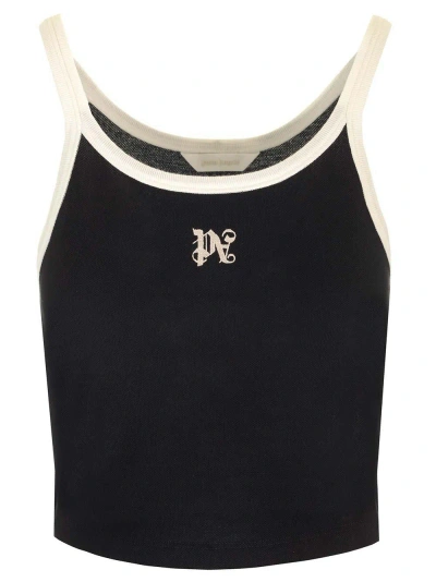 Palm Angels Pa Monogram Embroidered Cropped Tank Top In Black