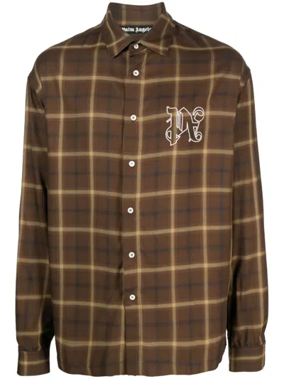 Palm Angels Logo Embroidered Checked Long-sleeved Shirt In Brown