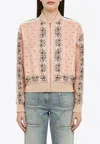 Palm Angels Pink\/white Linen Blend Print Bomber Jacket In Pink