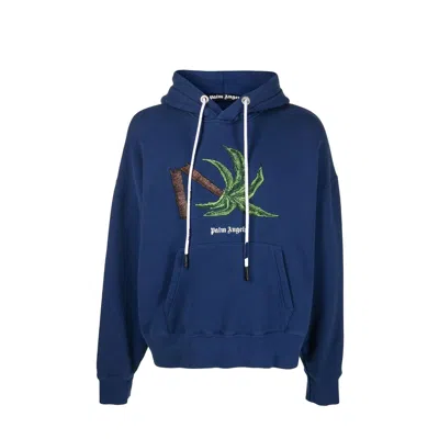 Palm Angels Cotton Hoodie With Patch Pocket In Blue