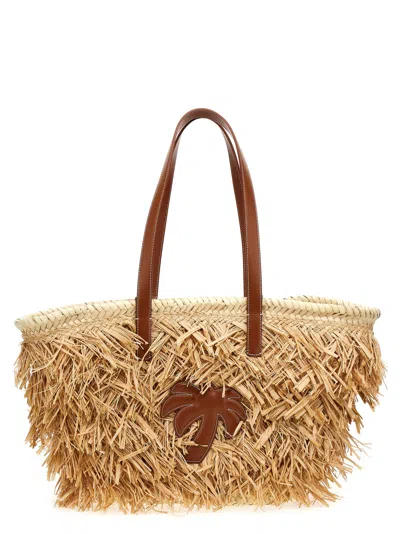 Palm Angels Logo Patch Drawstring Basket Bag In Beige