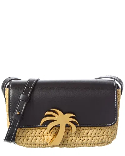 Palm Angels Palm Bridge Raffia & Leather Crossbody In Black