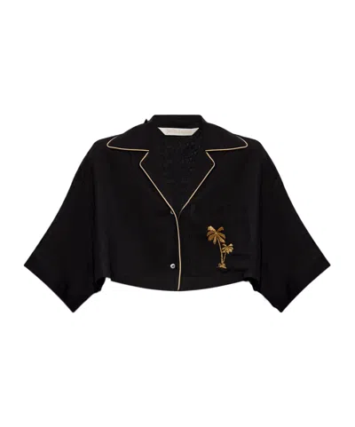 Palm Angels Palm Embroidered Cropped Bowling Shirt In Black