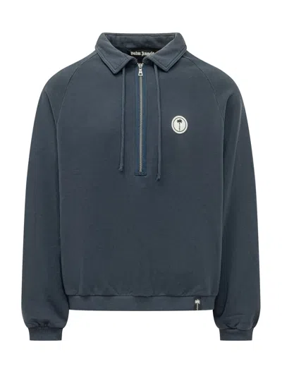 Palm Angels Palm Graphic Zip Crew Sweatshirt In Blue