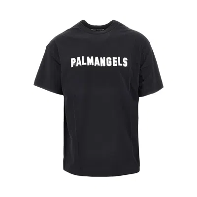 Palm Angels Short-sleeved Cotton T-shirt With Contrast Logo On The Neck In Black