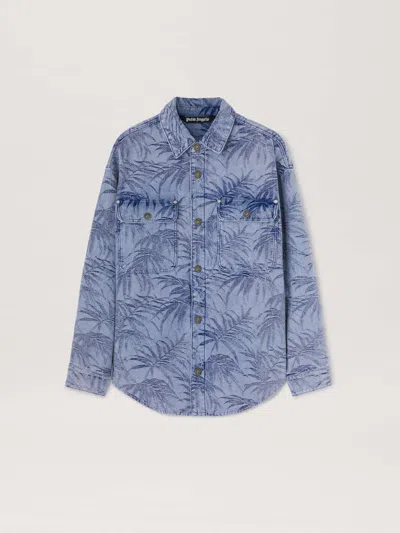 Palm Angels Palm Jacqured Denim Shirt In Blue