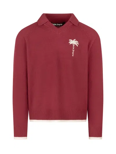 Palm Angels Palm Knit V-neck Sweater In Red