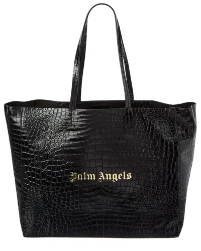Palm Angels Palm Medium Croc-embossed Leather Shopping Tote In Black