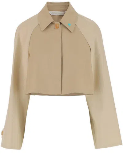 Palm Angels Palm Plaque Cropped Trench Coat In Beige